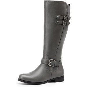 🆕Women's Faux Leather Grey Knee High Buckle Chunky Heel Flat Riding Pirate Boot